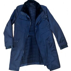 Navy Long Coat with Black faux Fur Collar